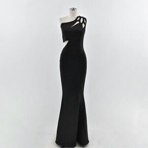 Eva Mejl Mermaid Dress Sz XS Black Formal Gown One Shoulder Cutout Evening Sexy